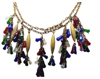 Vintage Early Haskell/Hess Glass & Brass Bib Necklace (A754)
