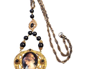 Antique Czech Painted Porcelain Portrait Necklace (A5727)