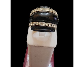 Vintage Kenneth Lane Huge Black Enamel and Rhinestone Ring Size 8.25 (A4723)