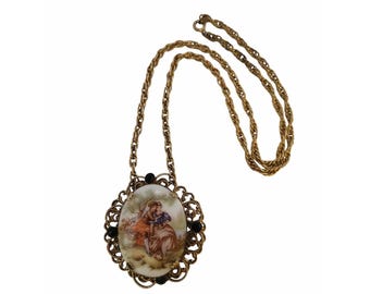 Vintage Transfer Fragonard Porcelain Pendant Necklace (A5756)