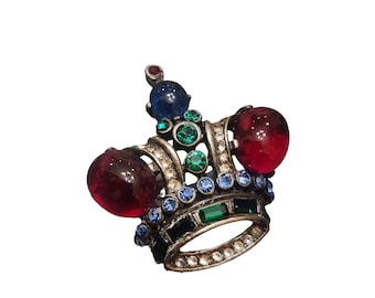 Vintage Trifari Coronation Jeweled Sterling Crown Brooch Pat #137542 (A4617)