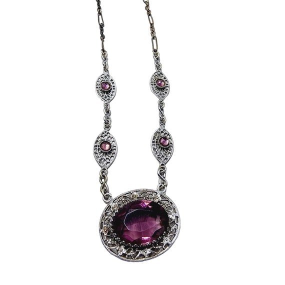 Vintage Art Deco Filigree & Glass Necklace (A2849) - image 3