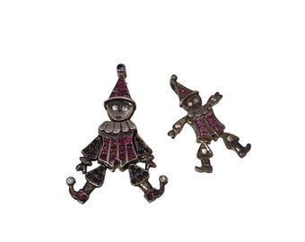 Vintage Pair of Articulating Clown Sterling Charms w/ Stones (A3595)