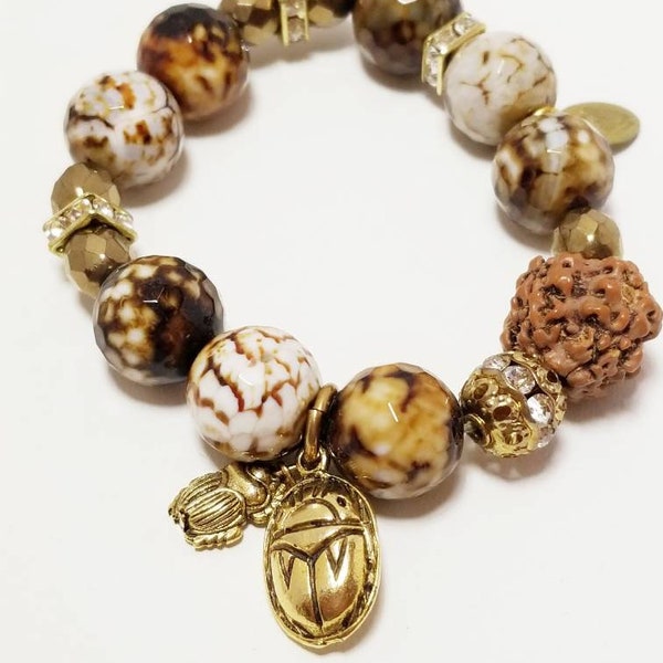 NOS Bee Charming Agate semi precious Egyptian Scarab bracelet