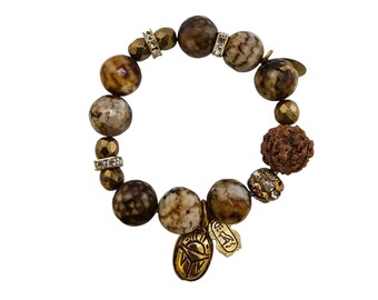 Vintage NOS Bee Charming Semi-Precious Wood Beaded Bracelet with Egyptian Charm