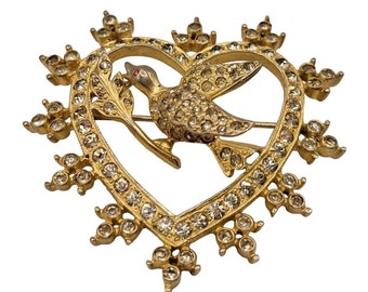 Eisenberg Signed Vintage Rhinestone Bird Heart Brooch