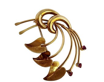 Estate 750 (18K) Gold & Ruby Leaf Brooch (A5531)