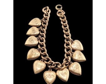 Antique Gold Filled Inscribed/Repoussé 10 Heart Charm Bracelet (A9279)