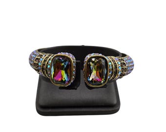 Signed Heidi Daus CN Watermelon Glass And Rhinestone Clamper Bangle Bracelet
