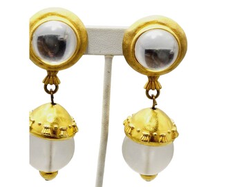 Vintage 80s Runway Couture Huge Lucite Matte Gold Earrings (A742)
