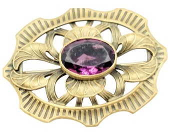 Antique Brass Victorian Sash Pin With Glass Stone (A2602)