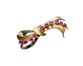 Vintage 14kt Gold & Ruby Bow Brooch (A1642)