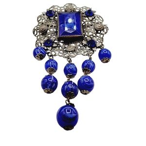 Antique Stunning Czech Blue Glass Dangles Brooch