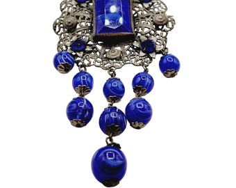 Antique Stunning Czech Blue Glass Dangles Brooch