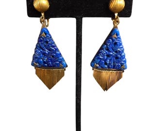 Antique Art Deco Czech Molded Glass Fringed Clip Earrings (A9479)