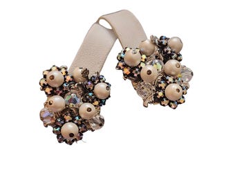 Vintage Handwired Rhinestone & Crystal Clip Earrings (A2285)