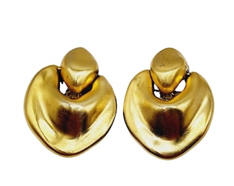 Vintage 80s Signed Essex Heavy Matte Gold Abstract Earrings (A1276)