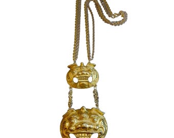 Vintage Heavy Double Foo Dog Statement Pendant Necklace (A2518)