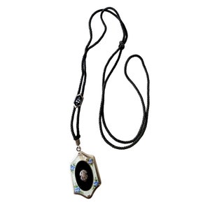Antique Art Deco Enamel & Sterling Locket Necklace (A4155)