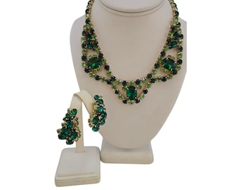 Vintage Large 2 Tone Green Rhinestone Collar Necklace And Earring Set (A3684)