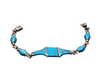 Vintage Signed Mexico 950 MCM Hinged Silver and Turquoise Bracelet (A4595)