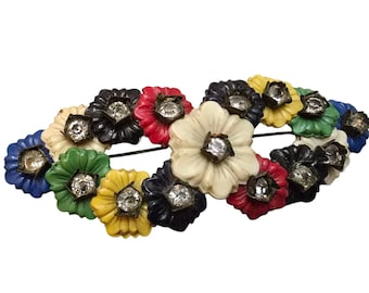 Antique Early Celluloid Flowers On Brass Backed Brooch (A8723)