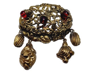 Antique Etruscan Brass & Glass Fob Dangle Brooch (A877)