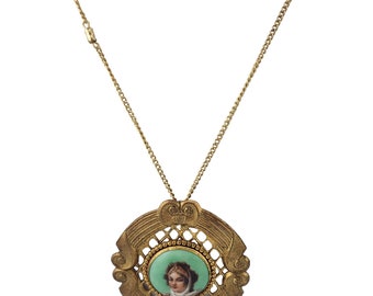 Antique Porcelain Lady In Brass Setting Pendant Necklace (A3340)