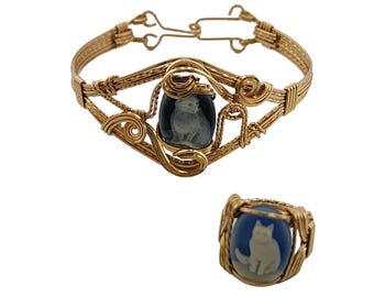 Vintage 12kt Gold Wire Cat Cameo Bracelet and Ring Set (A5315)