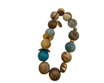 Vintage NOS Bee Charming Larimar & Semi Precious Bali Beaded Stretch Bracelet (A9223)