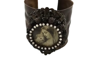 Vintage Bronzy Metal Cuff Bracelet With Madonna & Child Image (A504)