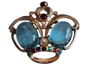 Vintage Signed LCL Sterling w/ Gold Vermeil Glass Jeweled Crown Brooch (A1538)