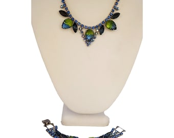 Vintage Rare Molded 2 Tone Glass & Rhinestone Necklace Bracelet Set (A4067)