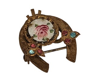 Vintage Horseshoe and Enamel Brooch (A6457)