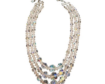 Vintage Triple Strand AB Crystal Necklace With Pinkish Tone (A3900)