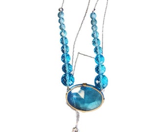 Antique Art Deco Heavily Faceted Aqua Glass & Crystal Necklace (A949)