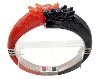 Chinese Carnelian Onyx And Sterling Dragon Bangle Bracelet (A2611)