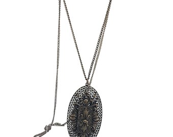 Vintage Elaborate Signed Czechoslovakia Layered Brass Pendant Necklace (A3491)