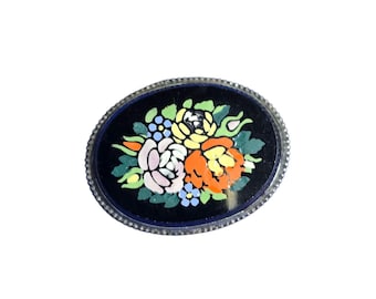 Antique Sterling Floral Painted Glass Brooch (A8654)