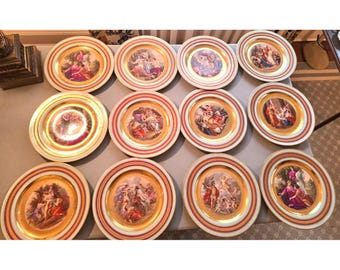 Antique Hand-Painted Gilt Royal Vienna 10.5" Plate Charger Set Of 12 (RV1000)