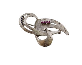 Vintage Beautiful 18kt/750 White Gold Ruby Sapphire Modernist Brooch (A1641)