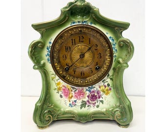Antique Victorian Royal Bonn Germany Green Porcelain La Fontaina Ansonia Clock