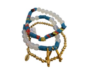 Vintage Sugar NY 3 Strand Glass Vulcanite Record Bead Beaded Bracelet (A9229)