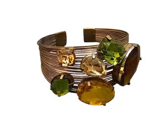 Vintage 80s Wire & Faceted Faux Crystal Adjustable Cuff Bracelet (A8732)