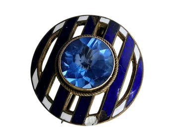 Antique Art Deco Enamel And Glass Striped Circle Brooch (A7078)
