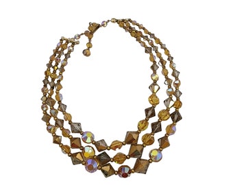 Amazing 2 Tone Champagne AB and Bronze Triple Strand Crystal Necklace (A4584)