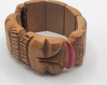 Double Sided Carved Josephine Baker/ Tribal Wood Stretch Bracelet (A215)