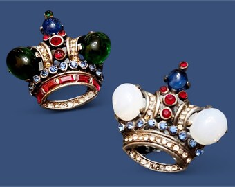 Vintage Signed Trifari Twin Sterling Crown Brooches Pat# 137,542 (A4697)