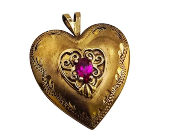 Vintage Gold Wash Over Sterling & Glass Etched Heart Pendant (A8664)