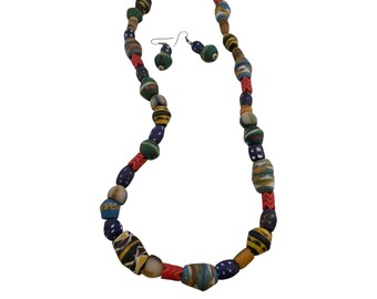 Vintage Heavy Clay & Glass Tribal Necklace w/ Earrings Set (A8240)